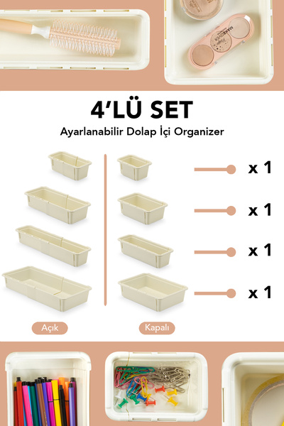 Meleni Home 4-Piece Extendable Closet Organizer - Multi-Purpose Bathroom Kitchen Office Drawer Organizer Set
