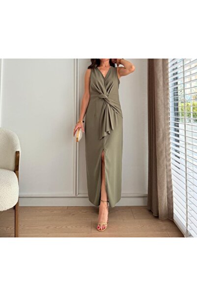 Elizar Moda HAKİ YEŞİLİ KOLSUZ ÖNÜ DÜĞÜM BAĞLAMALI ELBİSE