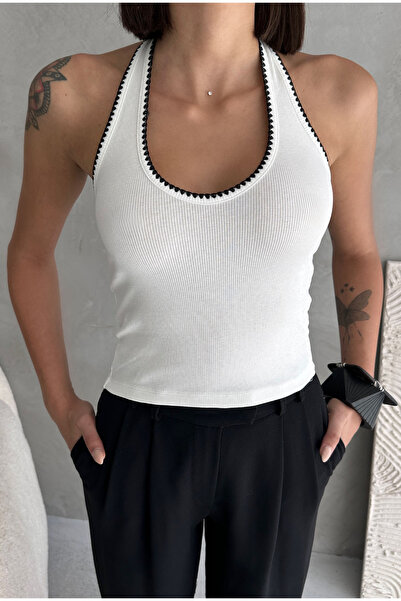 Jooy Halter Neck Backless Embroidery Detail Crop Blouse