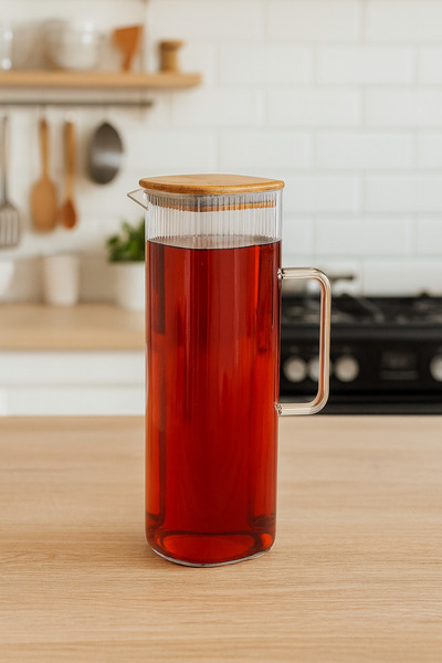 Çavdar Group Borosilikat 1000 ml Bambu Kapaklı Kare Sürahi Line Yağdanlık Sürahi