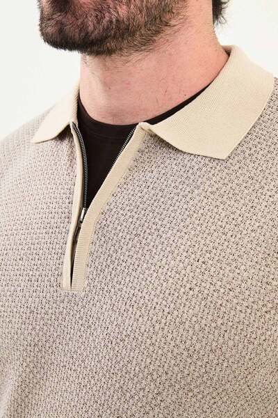 Mcr Textured Slim Fit Zippered Polo Neck Men's Knitwear Sweater Beige - 11567.25K