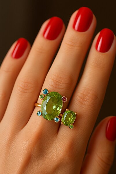 TAKIŞTIR خاتم قابل للتعديل بتفاصيل حجر ذهبي اللون