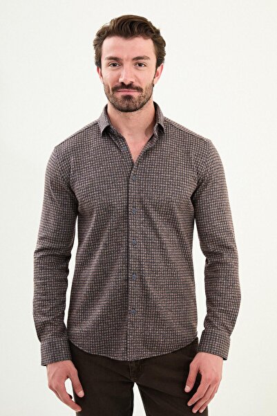 Mcr Ανδρικό πουκάμισο με καρό σχέδιο Slim Fit Camel - 27095.25K