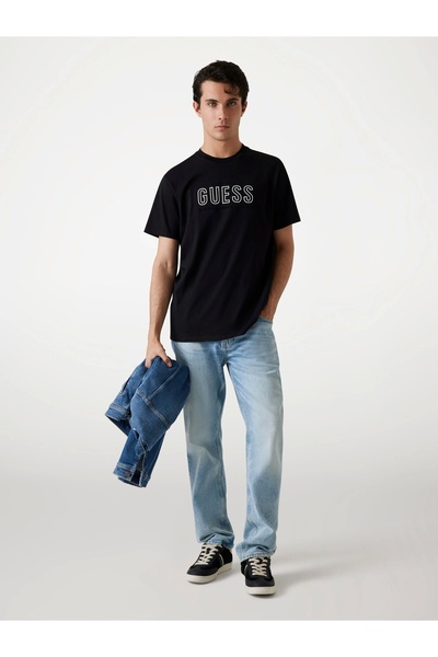 Guess Ανδρικό μπλουζάκι με ανάγλυφο σχέδιο, μαύρο, κανονική εφαρμογή M5YI44KBW41-JTMU