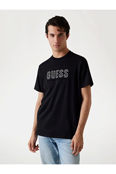 Guess Ανδρικό μπλουζάκι με ανάγλυφο σχέδιο, μαύρο, κανονική εφαρμογή M5YI44KBW41-JTMU