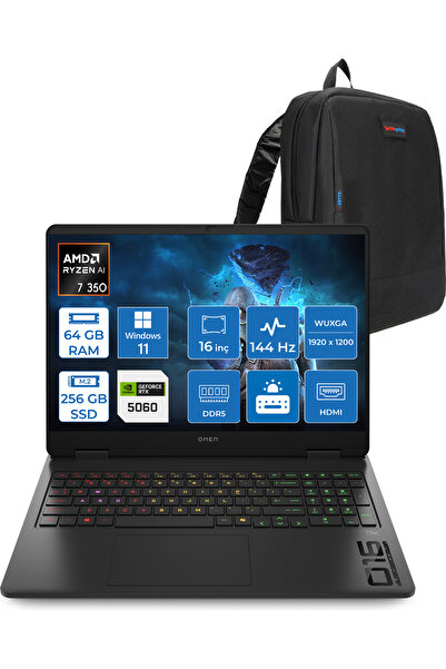 HP Omen Ryzen™ Aı 7 350 64GB Ddr5 256GB 8GB/RTX5060 16" 144 Hz 300 Nits 2k W1...