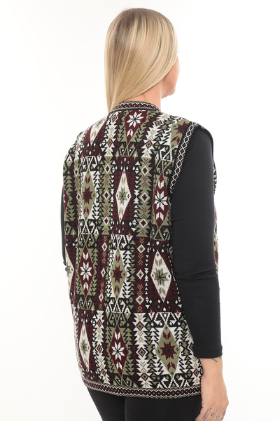 İKSUN Kadın Etnik Model Triko Örgü Kilim Cepli Kışlık Kalın Anne Yelek
