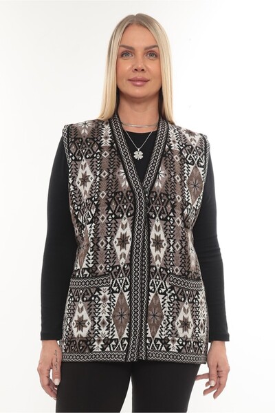 İKSUN Women's Ethnic Style Knitwear Knitted Kilim Pocketed Winter Thick Mother Vest