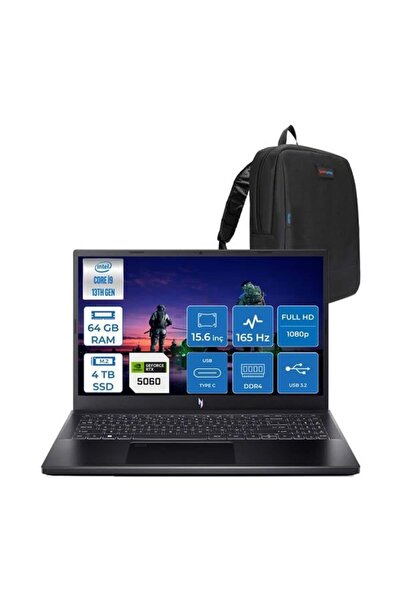 ACER Nitro ANV15-52 I9 13900H 64GB 4tb SSD 8GB/RTX5060/75W 15.6" IPS 165Hz W11PRO NHQZAEY004H24+ZettaÇNT