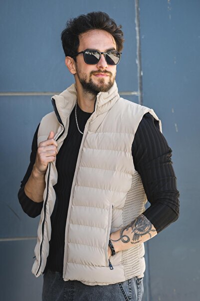 Oksit Lordy Knitted Detailed Pocketed Stand Collar Nova Shiny Fabric Men's Puffer Vest