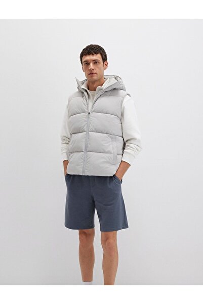 Mavi Kapüşonlu Gri Şişme Yelek Regular Fit / Normal Kesim