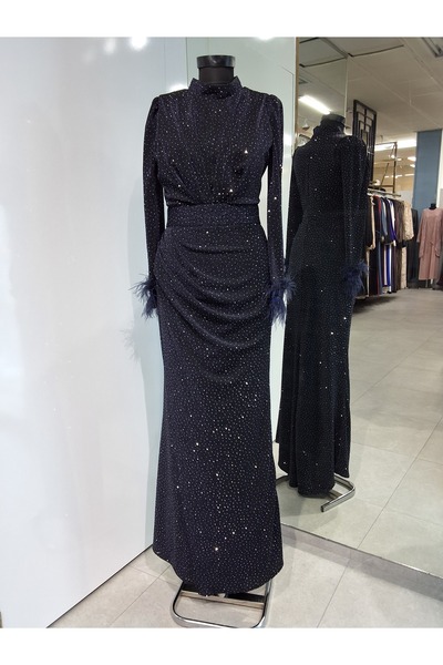 Moda Neva KOLLARI TÜY DETAYLI TAŞLI DRAPELİ LİKRALI TESETTÜR ABİYE