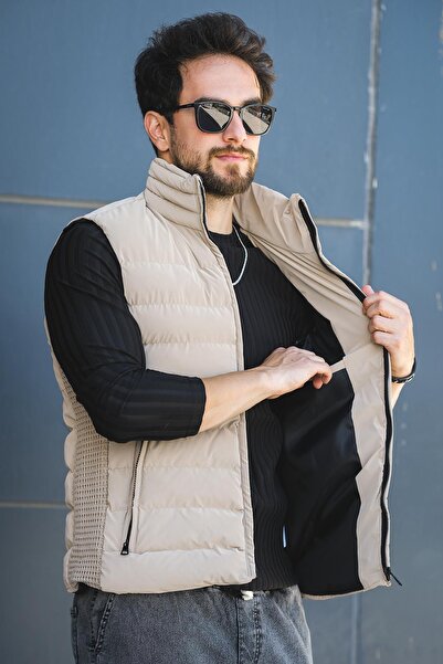 Oksit Lordy Knitted Detailed Pocketed Stand Collar Nova Shiny Fabric Men's Puffer Vest