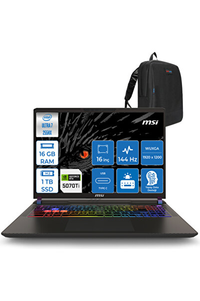 MSI Vector 16 Hx Aı U7255HX Aı 16GB 1tb 12GB/RTX5070TI/140W FDOS 16" Fhd+ 144...