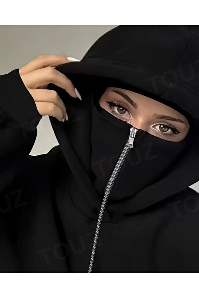 Touz Moda Μαύρη ζακέτα με κουκούλα με φερμουάρ, με λεπτομέρεια μάσκας μοτοσικλέτας