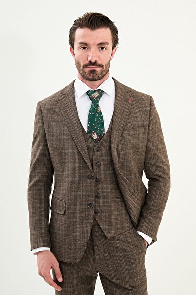 Mcr Plaid Slim Fit Mono Collar Classic Men's Suit Brown - 45425.25K