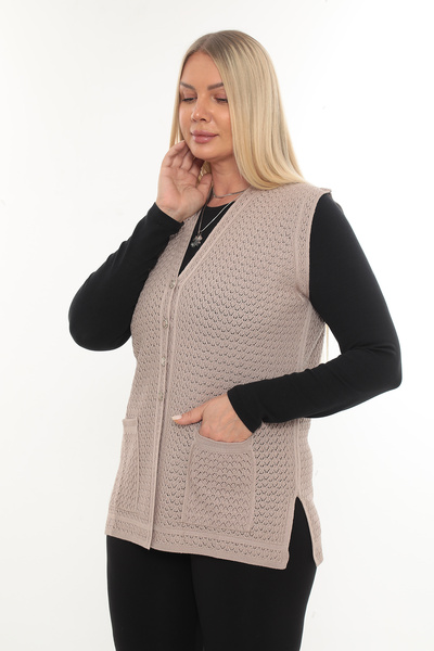İKSUN Women's Mercerized Pocketed Buttoned Rolax Knitwear Seasonal Mother's Vest