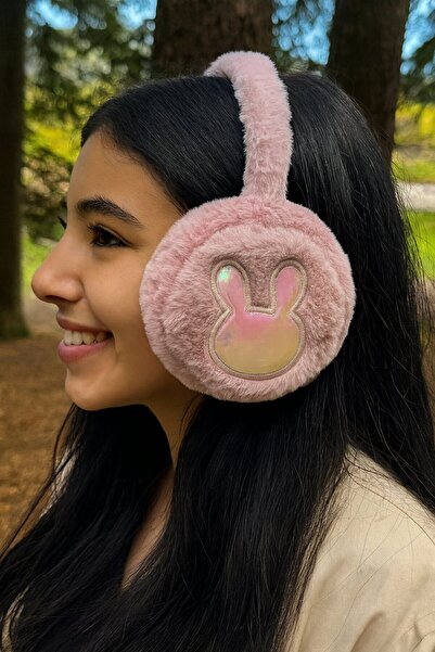 TAKIŞTIR Dark Pink Plush Earmuff with Rabbit Figure