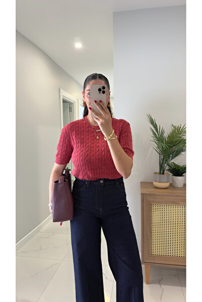 BİRCANÇİL Md Tita Red Knitted Detailed Short Sleeve Knitwear