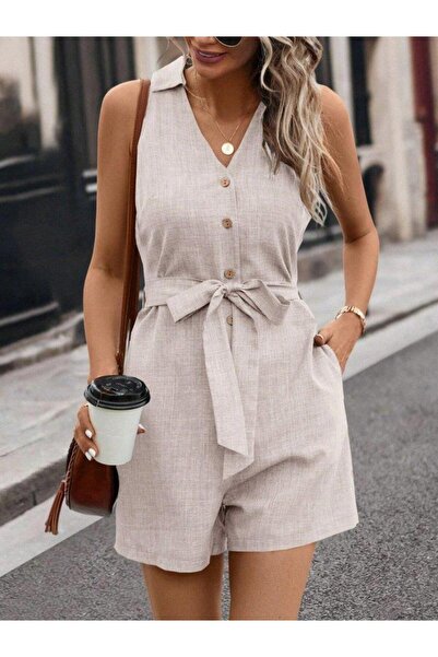 MODA Women's Zero Sleeve Collar Buttoned Waist Belted Short Linen Jumpsuit