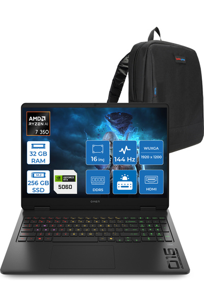 HP Omen Ryzen™ Aı 7 350 32GB Ddr5 256GB 8GB/RTX5060 16" 144 Hz 300 Nits 2k FD...