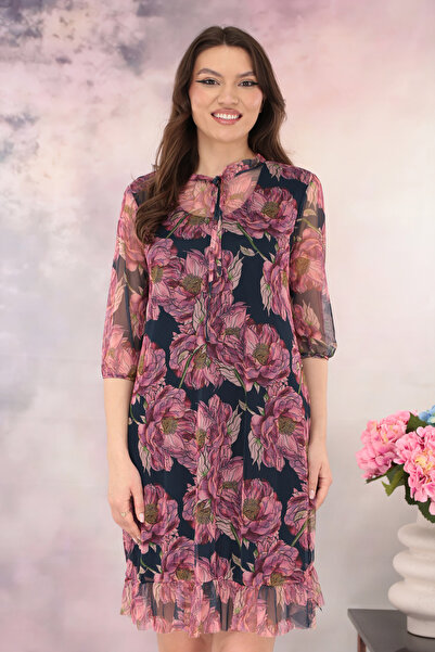 Trend Land Φόρεμα από σκούρο μπλε τούλι με ροζ φλοράλ τύπωμα