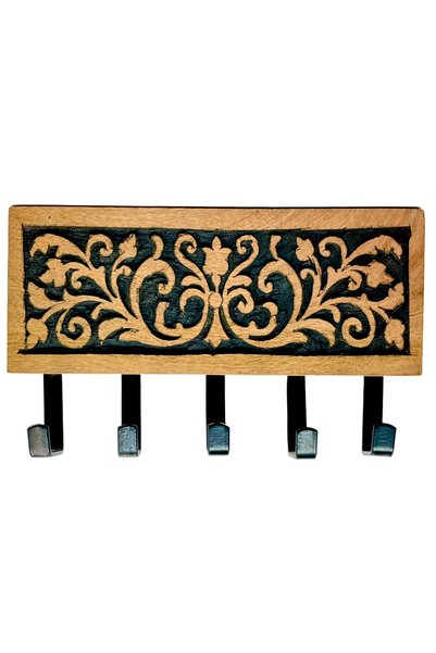 Souq DESIGNS Key Holder for Wall – Wooden Organizer Box with 5 Hooks | Key Hanger for Wall Entryway | Key Organizer | Carved Arabesque Letter Shelf | Mango Wood Rustic Black | No Drilling