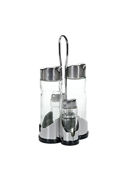 OEM Set suport metalic cu recipiente, sare /piper si ulei /otet, din sticla, inox/transparent