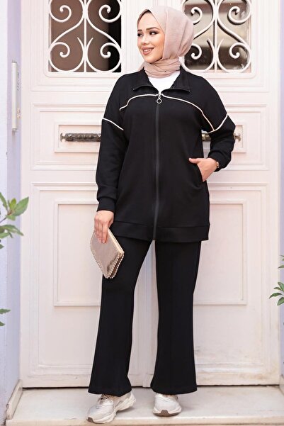 N.S NEVA STYLE Μαύρο Μαντίλι με φερμουάρ Διπλό Σετ 13231S