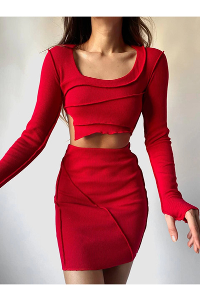 Bak Moda Red Dress with Reverse Stitch Detail Suit