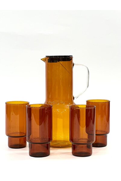 isra kristal Kapaklı Bal Renkli Cam Sürahi ve 4’lü Bardak Takımı – Renkli Şık...