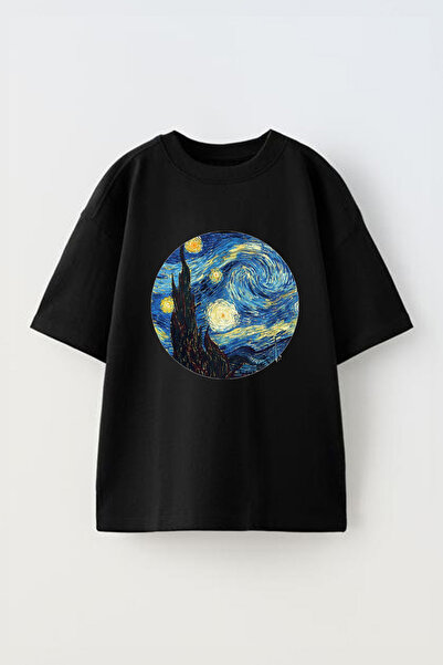 Anetos تي شيرت فان جوخ 3 مطبوع للجنسين من القطن باللون الأسود مقاس كبير