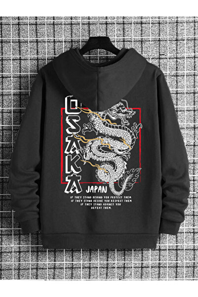 Deep sense سويت شيرت رجالي أسود بقلنسوة مطبوع عليه أوساكابا