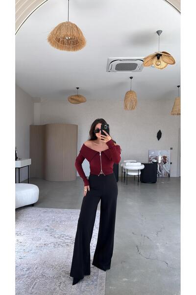 Buket Teke Siyah Gizli Kemer Palazzo Kumaş Pantolon