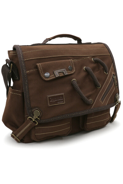 Cappadocia Vintage 4017 Brown 14-Inch Laptop Cotton Gabardine Messenger School Bag Unisex with Lock Multi-Pocket Shoulder Strap