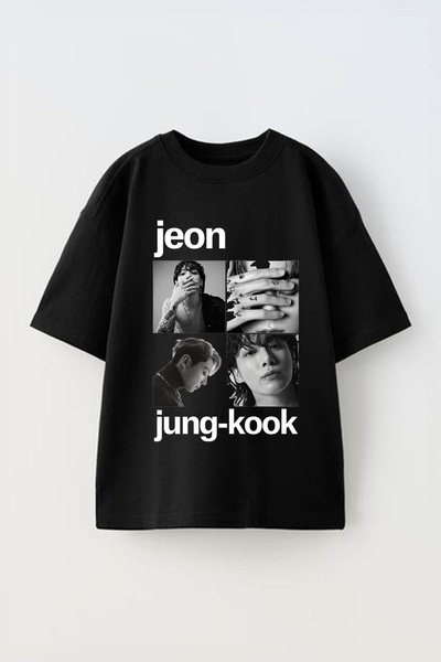 Anetos Tricou unisex din bumbac negru supradimensionat Jeon cu imprimeu