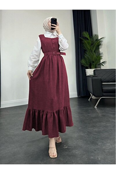 Modamorfo Buttoned Top, Ruffled Bottom, Belted Waist Gilet Dress - Burgundy