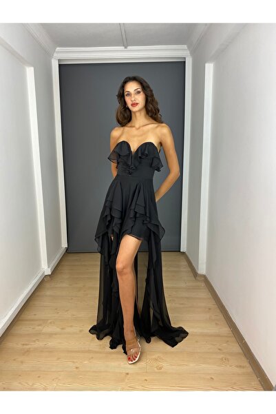 gökkuşagı moda Siyah Kalp Yaka Volanlı Bacak Dekolteli Şifon Abiye Elbise