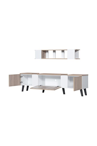 BAITY Wood TV Table with 3 Drawers and Shelves - 180cm - Light Brown and White