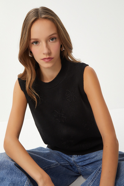Lovelyİstanbul Floral Textured Knitwear Sweater Lpf0106 Black