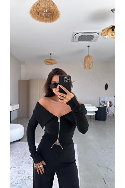 Buket Teke Black Moving Zipper Ottoman Blouse