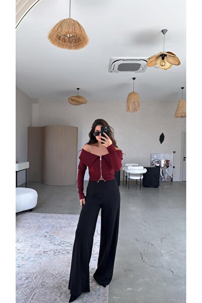 Buket Teke Siyah Gizli Kemer Palazzo Kumaş Pantolon