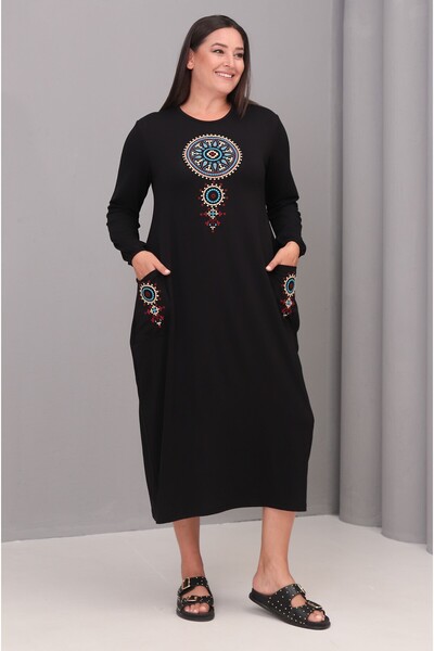 Şans Women's Plus Size Black, Crew Neck, Long Sleeve Embroidered Viscose Dress with Pockets 65N39142