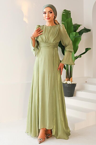 Olcay Yoryo Silk Hijab Evening Dress with Cape Skirt Çağla 1235