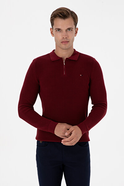 U.S. Polo Assn. Men's Regular Fit Zippered Burgundy Basic Sweater 50313685-Vr014
