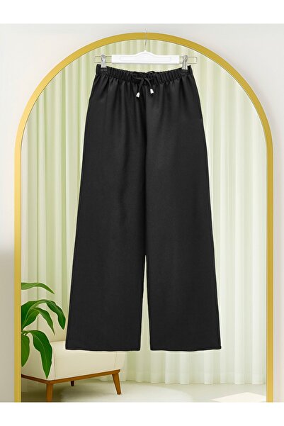 Modamorfo Wide Leg Sofia Linen Trousers with Elastic Waist and Lace Detail - Black