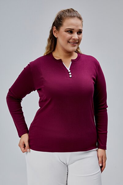 BANEGA Curve Plus Size 100% Cotton Lycra Crew Neck Basic Plain Long Sleeve Purple Blouse