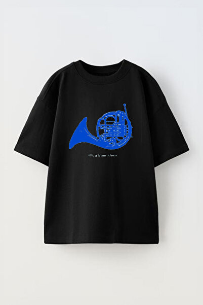 Anetos تي شيرت أسود كبير الحجم من القطن للجنسين مطبوع عليه ساكسفون أزرق