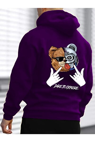 Deep sense Ανδρικό μωβ χειμωνιάτικο φούτερ με κουκούλα Daretto Printed