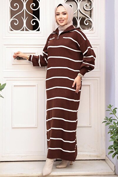 N.S NEVA STYLE Ριγέ Καφέ Τρικοτόφικο Φόρεμα 17206KH